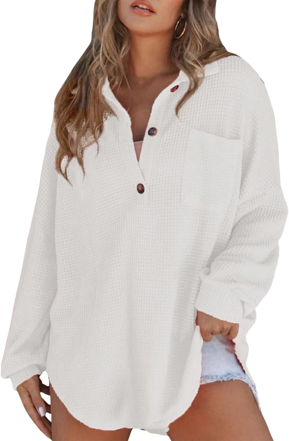 Women Casual Long Sleeve Button Down V Neck Solid Tunic Tops Summer Fall Blouses