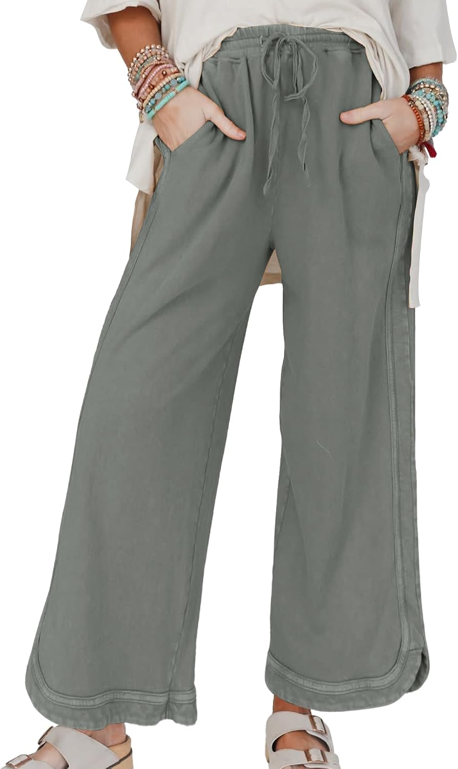 Women's Casual Wide Leg Sweatpants High Waist Baggy Acid Wash Pants Drawstring Athletic Palazzo Pants with Pockets
