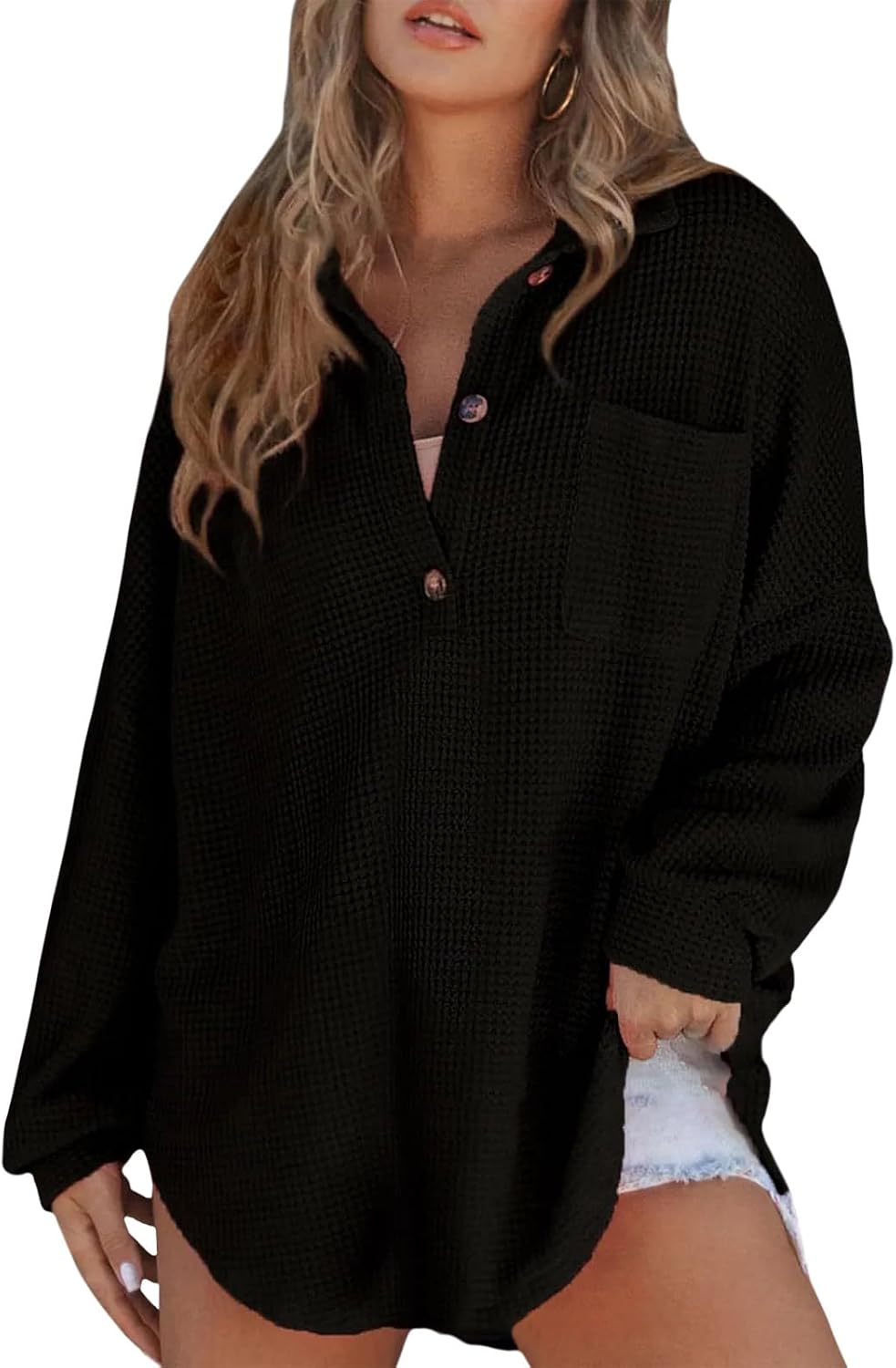 Women Casual Long Sleeve Button Down V Neck Solid Tunic Tops Summer Fall Blouses