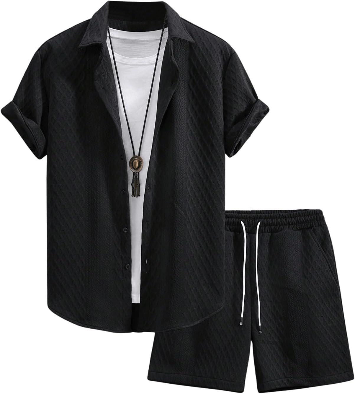 Men's 2 Piece Outfits Waffle Knit Button Down Shirt Top and Shorts Set