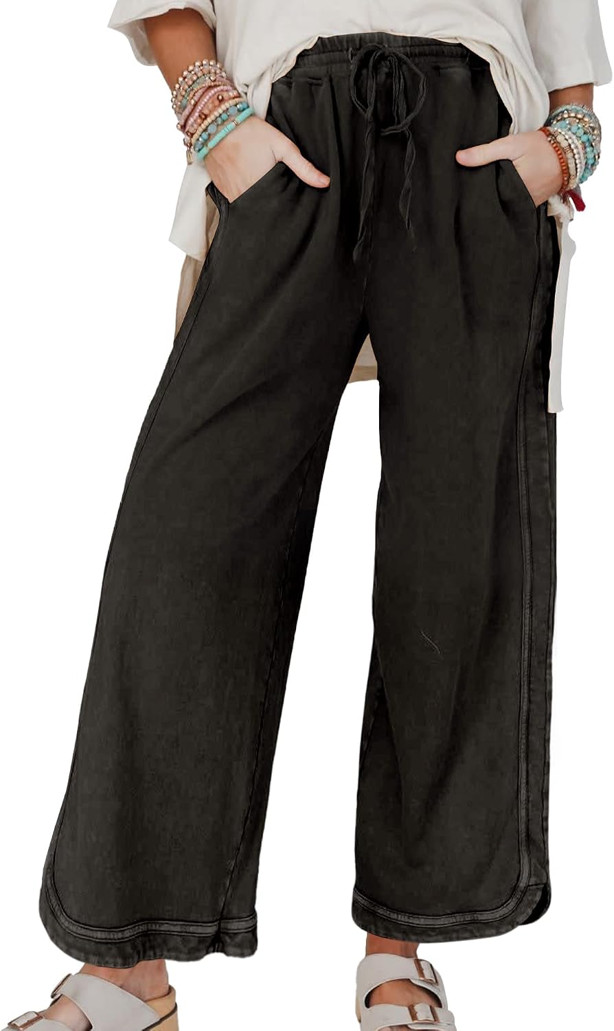 Women's Casual Wide Leg Sweatpants High Waist Baggy Acid Wash Pants Drawstring Athletic Palazzo Pants with Pockets