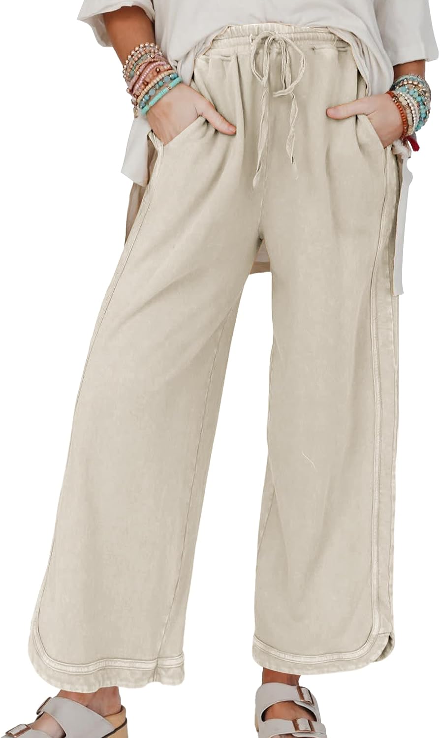 Women's Casual Wide Leg Sweatpants High Waist Baggy Acid Wash Pants Drawstring Athletic Palazzo Pants with Pockets