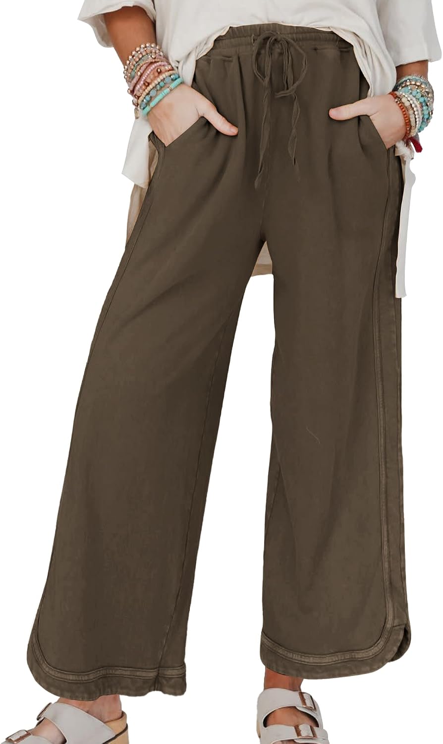Women's Casual Wide Leg Sweatpants High Waist Baggy Acid Wash Pants Drawstring Athletic Palazzo Pants with Pockets