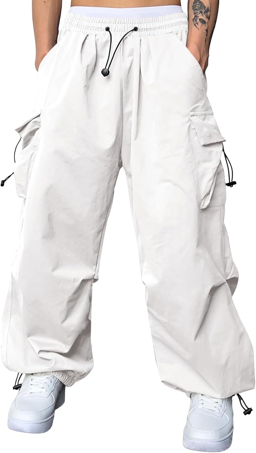 Men's Baggy Cargo Pants Trendy Casual Parachute Pant Loose Fit Harem Joggers with Pockets for Streetwear