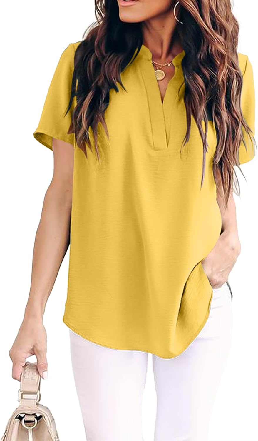 Women Summer Casual Split V Neckline Chiffon Blouses Loose Tunic Short Sleeve Tops