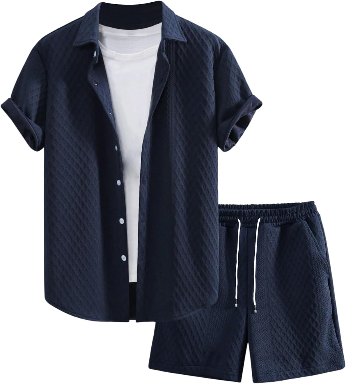 Men's 2 Piece Outfits Waffle Knit Button Down Shirt Top and Shorts Set