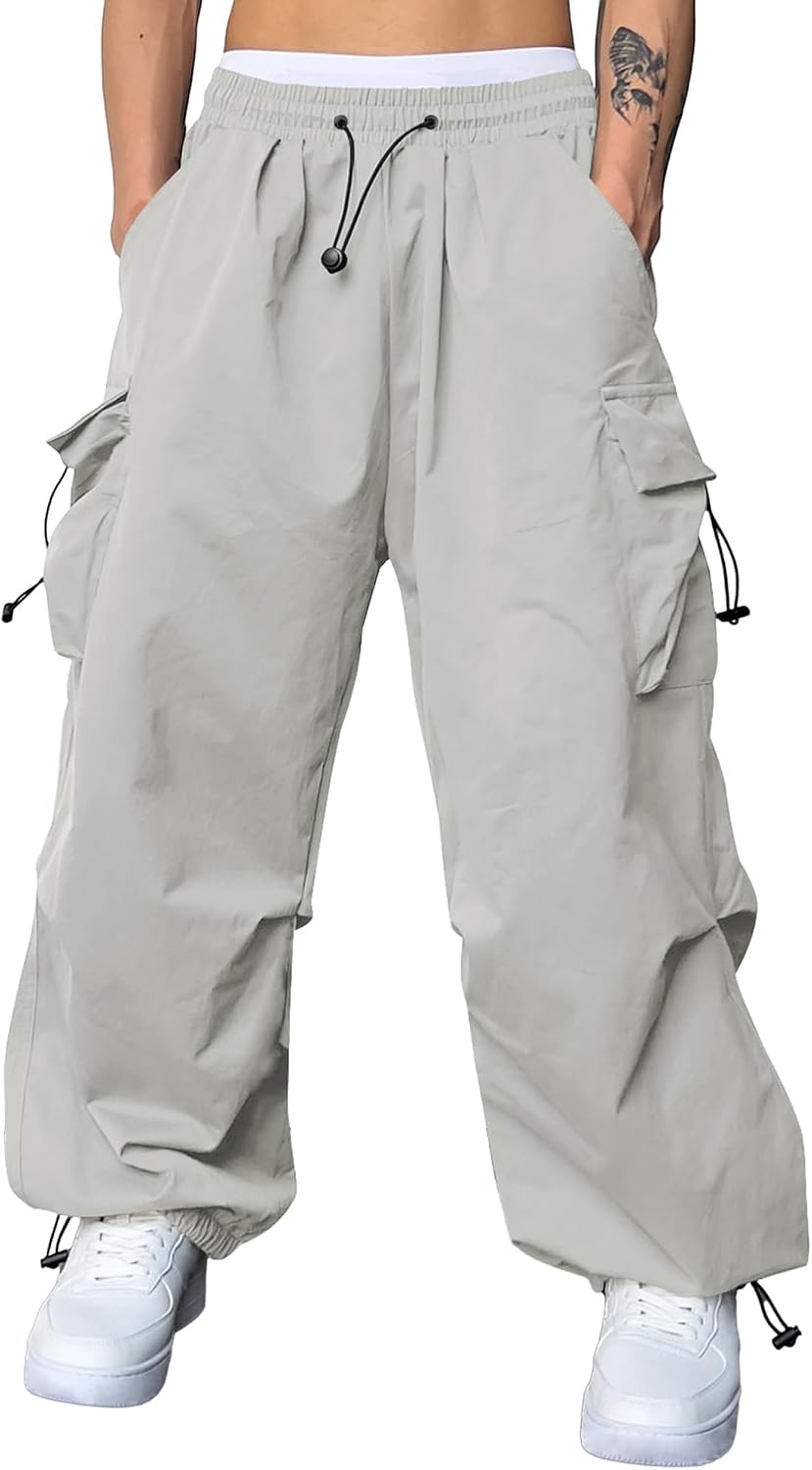 Men's Baggy Cargo Pants Trendy Casual Parachute Pant Loose Fit Harem Joggers with Pockets for Streetwear