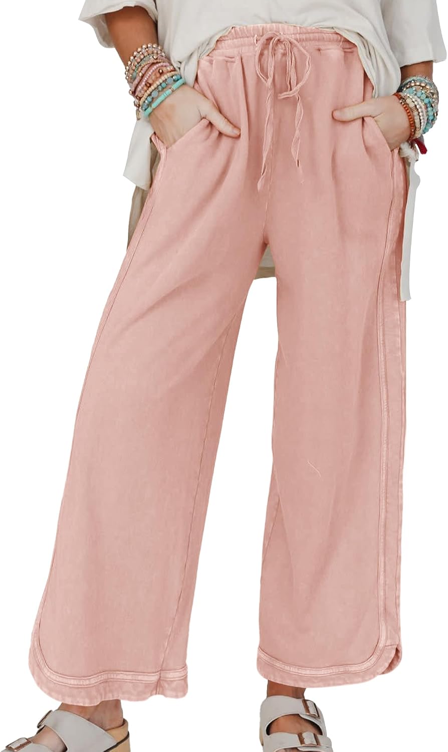 Women's Casual Wide Leg Sweatpants High Waist Baggy Acid Wash Pants Drawstring Athletic Palazzo Pants with Pockets