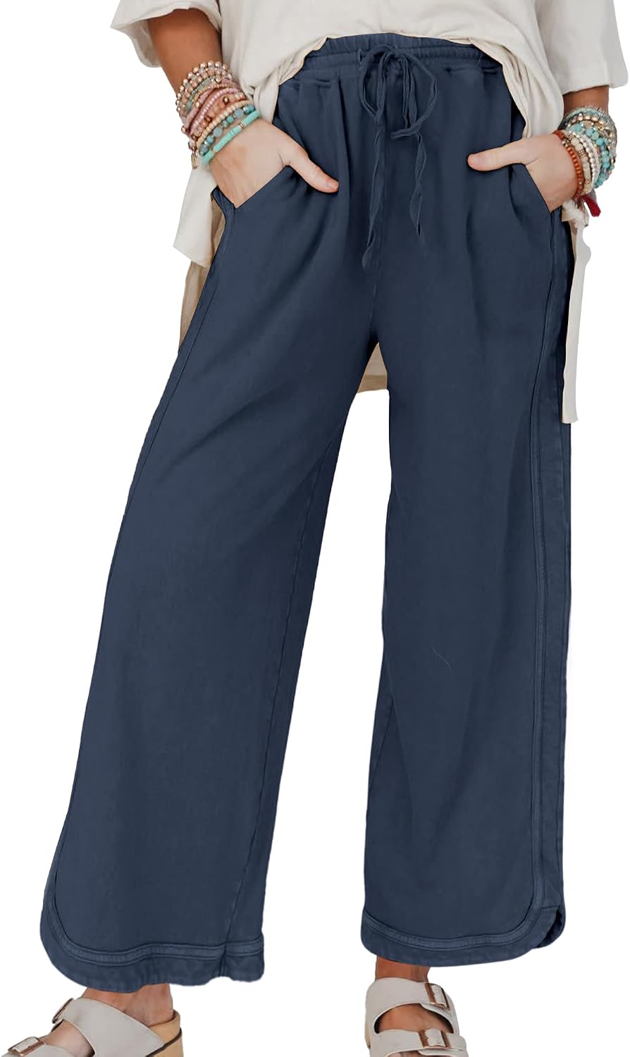 Women's Casual Wide Leg Sweatpants High Waist Baggy Acid Wash Pants Drawstring Athletic Palazzo Pants with Pockets