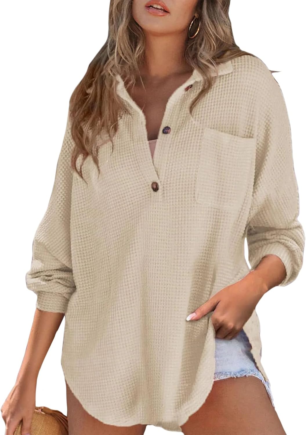 Women Casual Long Sleeve Button Down V Neck Solid Tunic Tops Summer Fall Blouses