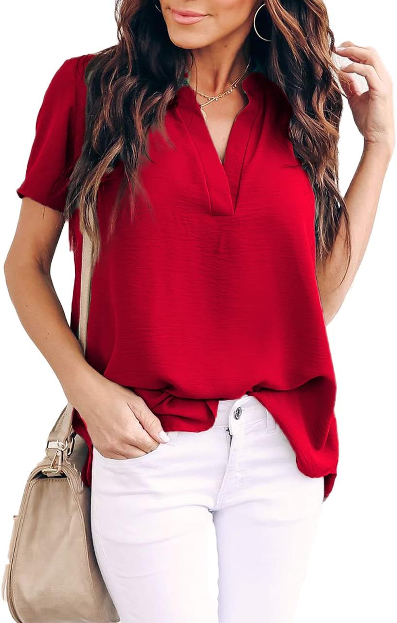 Women Summer Casual Split V Neckline Chiffon Blouses Loose Tunic Short Sleeve Tops