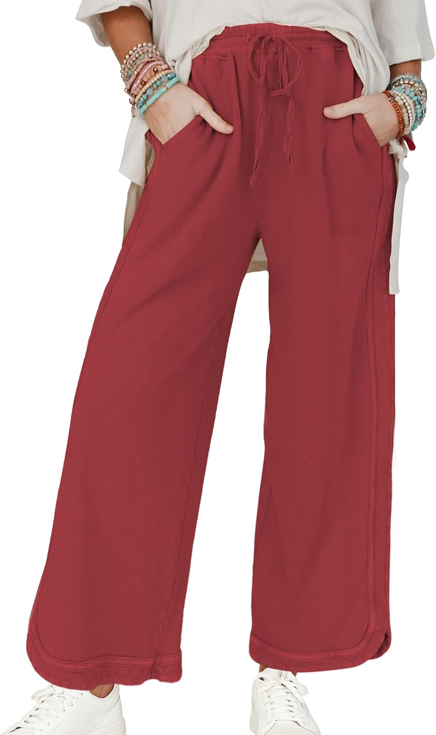 Women's Casual Wide Leg Sweatpants High Waist Baggy Acid Wash Pants Drawstring Athletic Palazzo Pants with Pockets