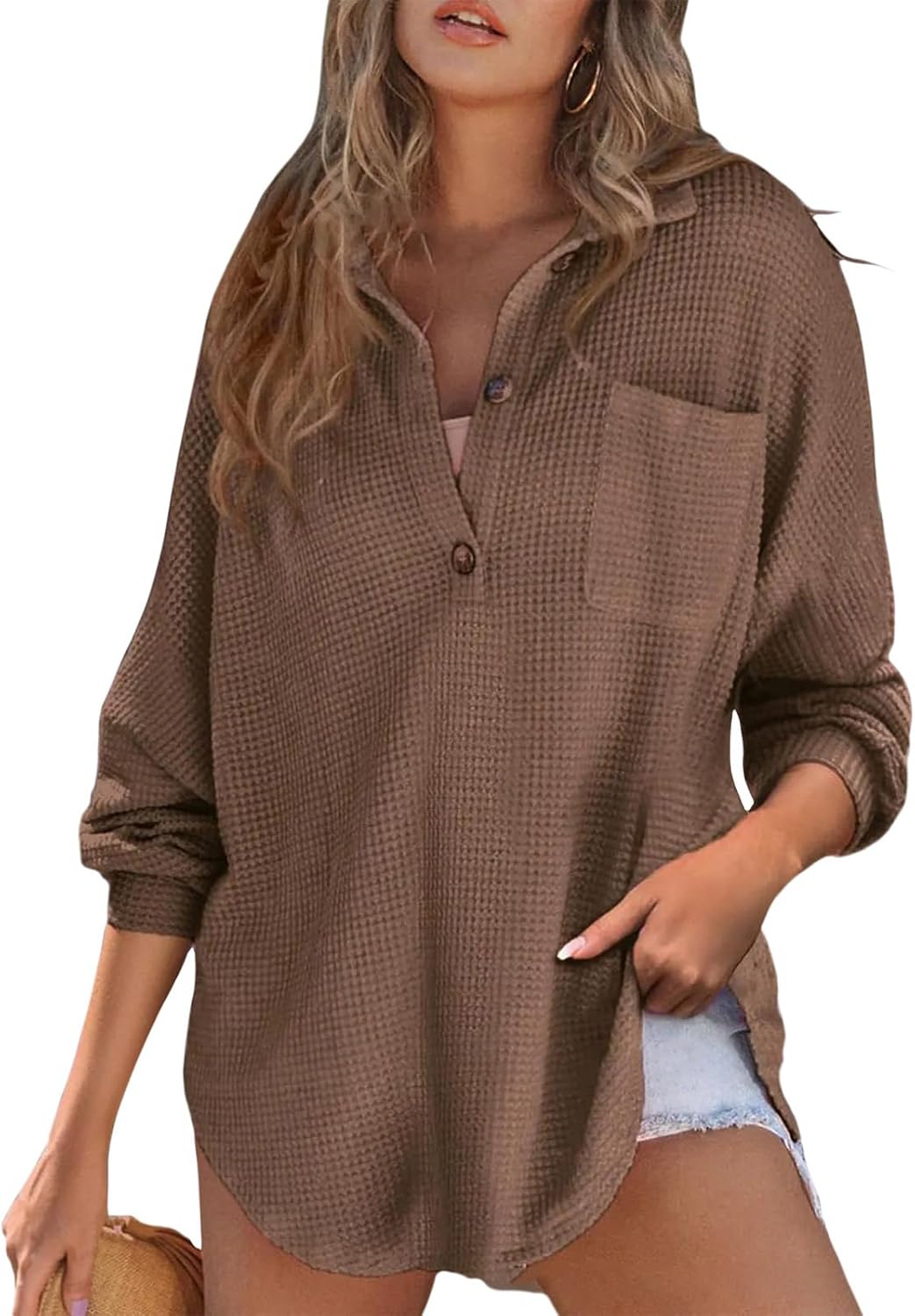 Women Casual Long Sleeve Button Down V Neck Solid Tunic Tops Summer Fall Blouses