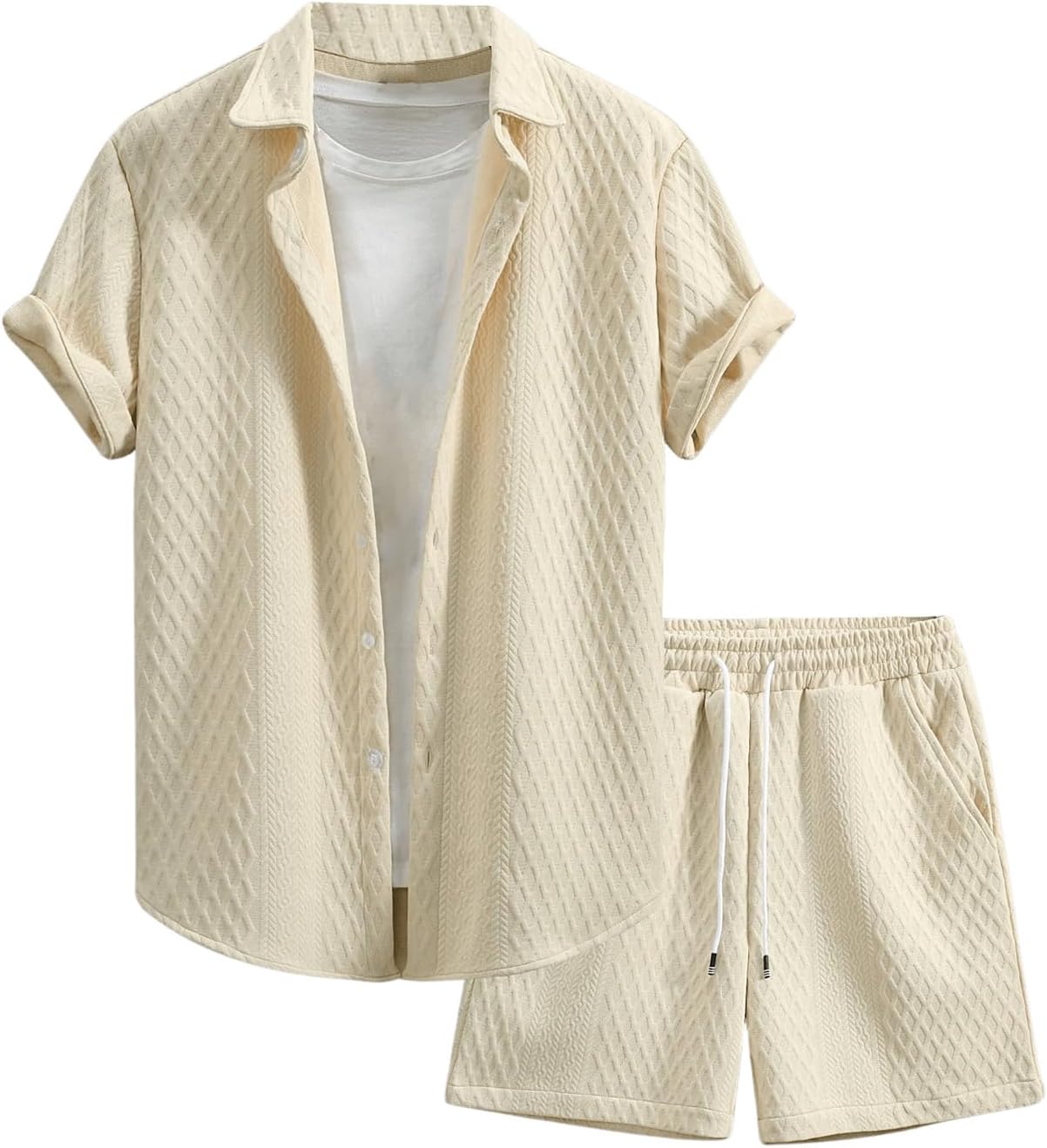 Men's 2 Piece Outfits Waffle Knit Button Down Shirt Top and Shorts Set