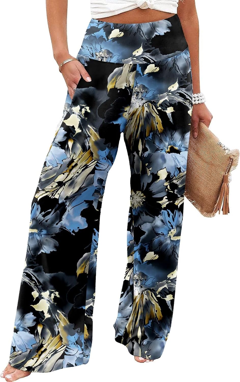 Women's Palazzo Lounge Pants Casual Wide Leg Pants High Waist Flowy Toursers with Pockets