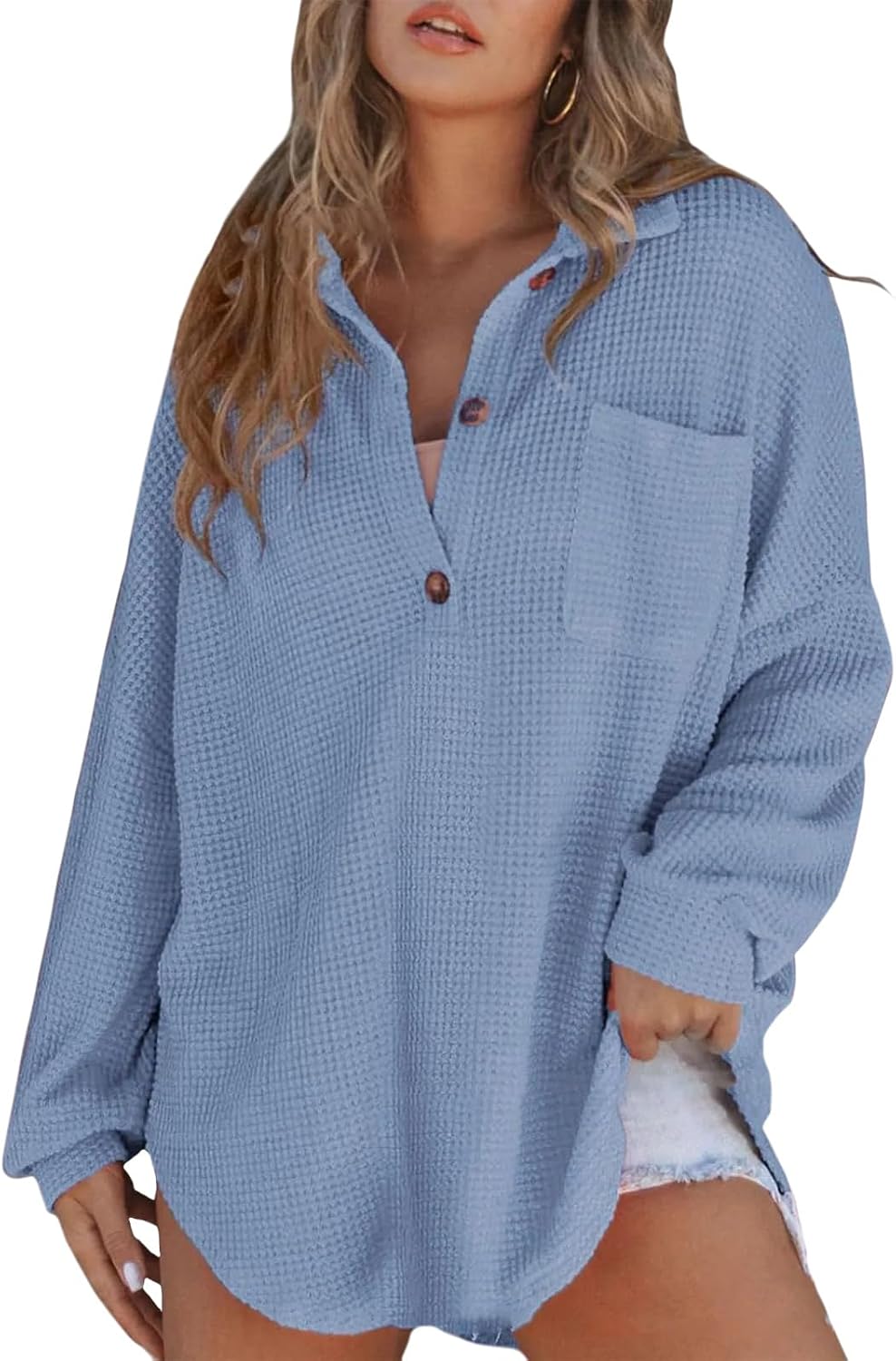 Women Casual Long Sleeve Button Down V Neck Solid Tunic Tops Summer Fall Blouses