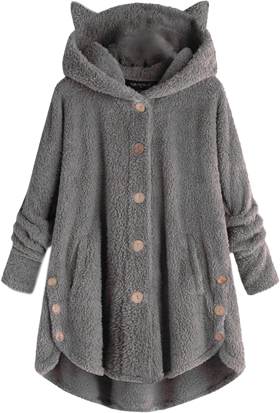 Womens Warm Fleece Jackets Fuzzy Hooded Casual Loose Coats Ladies Fall Winter Cardigan Sweaters Outerwear with Pockets