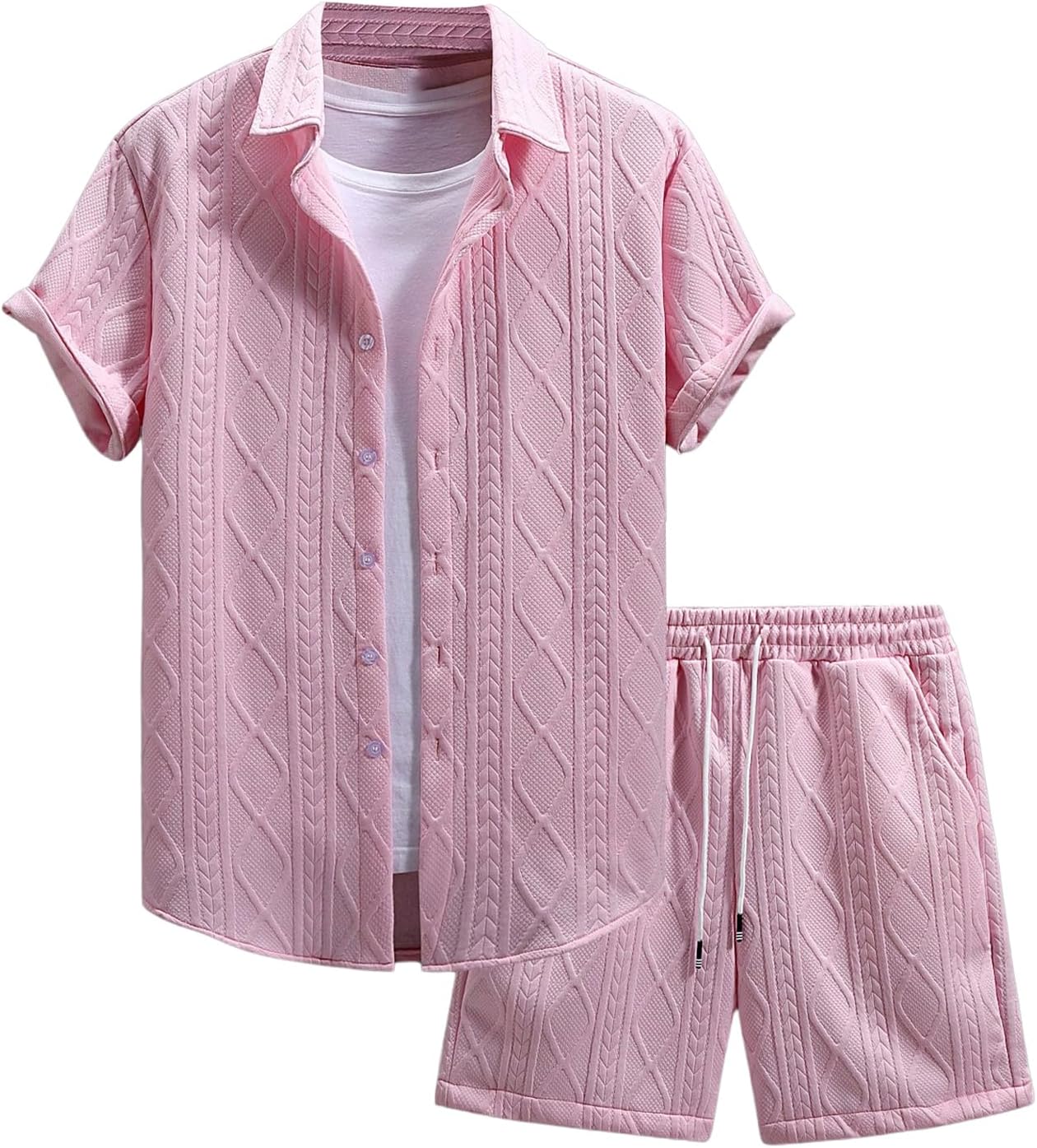 Men's 2 Piece Outfits Waffle Knit Button Down Shirt Top and Shorts Set