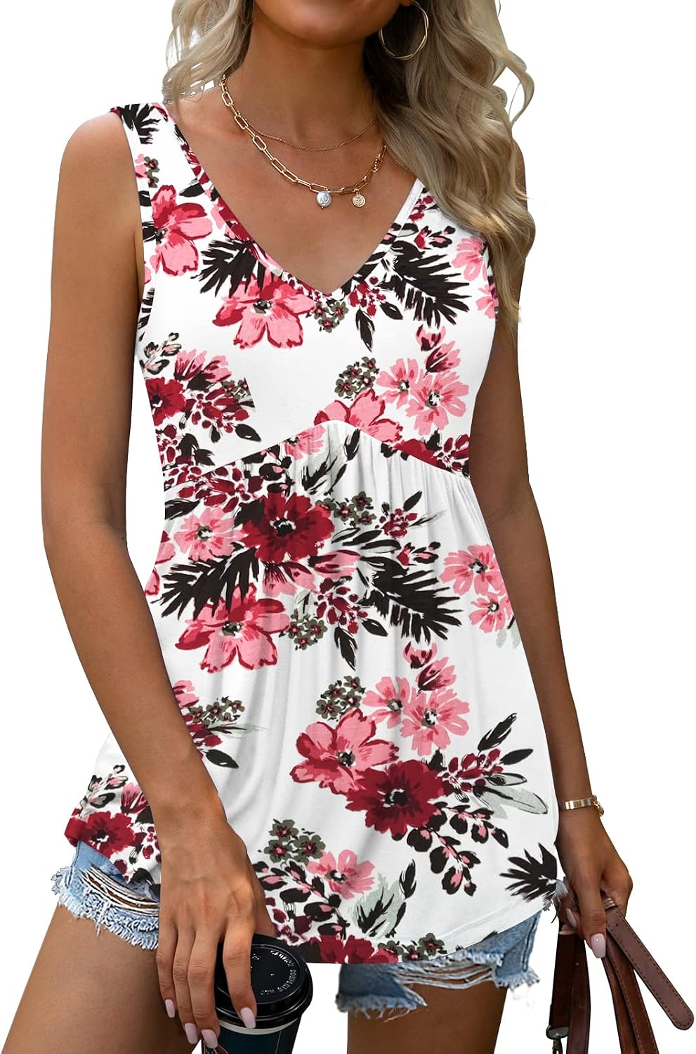 2026 Summer Tank Tops for Women Sleeveless V Neck Babydoll Loose Flowy Floral Print Blouse S-3XL