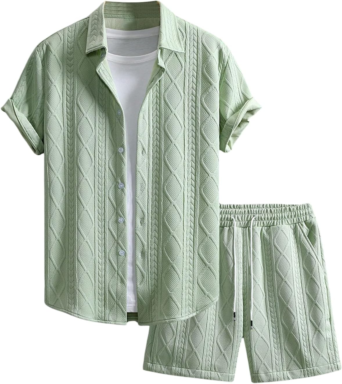 Men's 2 Piece Outfits Waffle Knit Button Down Shirt Top and Shorts Set