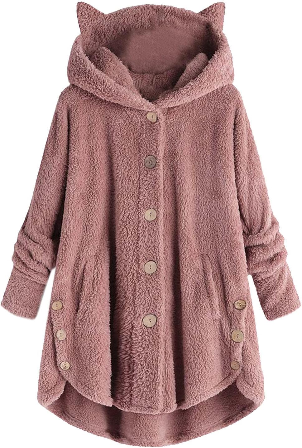Womens Warm Fleece Jackets Fuzzy Hooded Casual Loose Coats Ladies Fall Winter Cardigan Sweaters Outerwear with Pockets