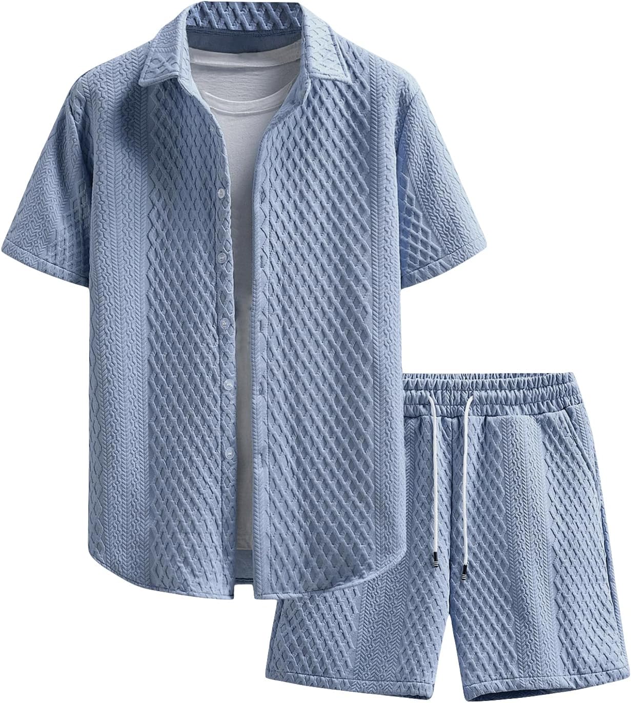 Men's 2 Piece Outfits Waffle Knit Button Down Shirt Top and Shorts Set