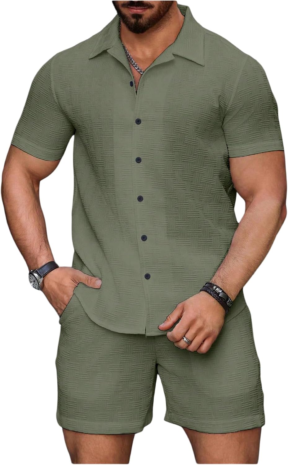 Men's 2 Piece Outfits Waffle Knit Button Down Shirt Top and Shorts Set