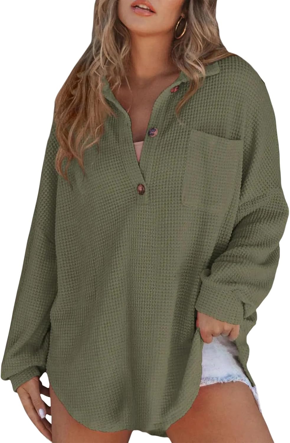 Women Casual Long Sleeve Button Down V Neck Solid Tunic Tops Summer Fall Blouses