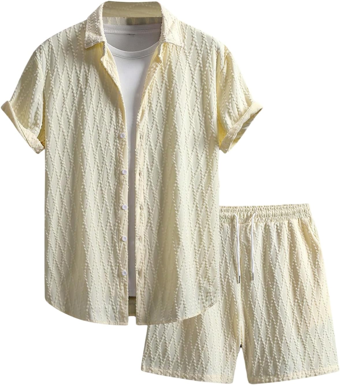 Men's 2 Piece Outfits Waffle Knit Button Down Shirt Top and Shorts Set