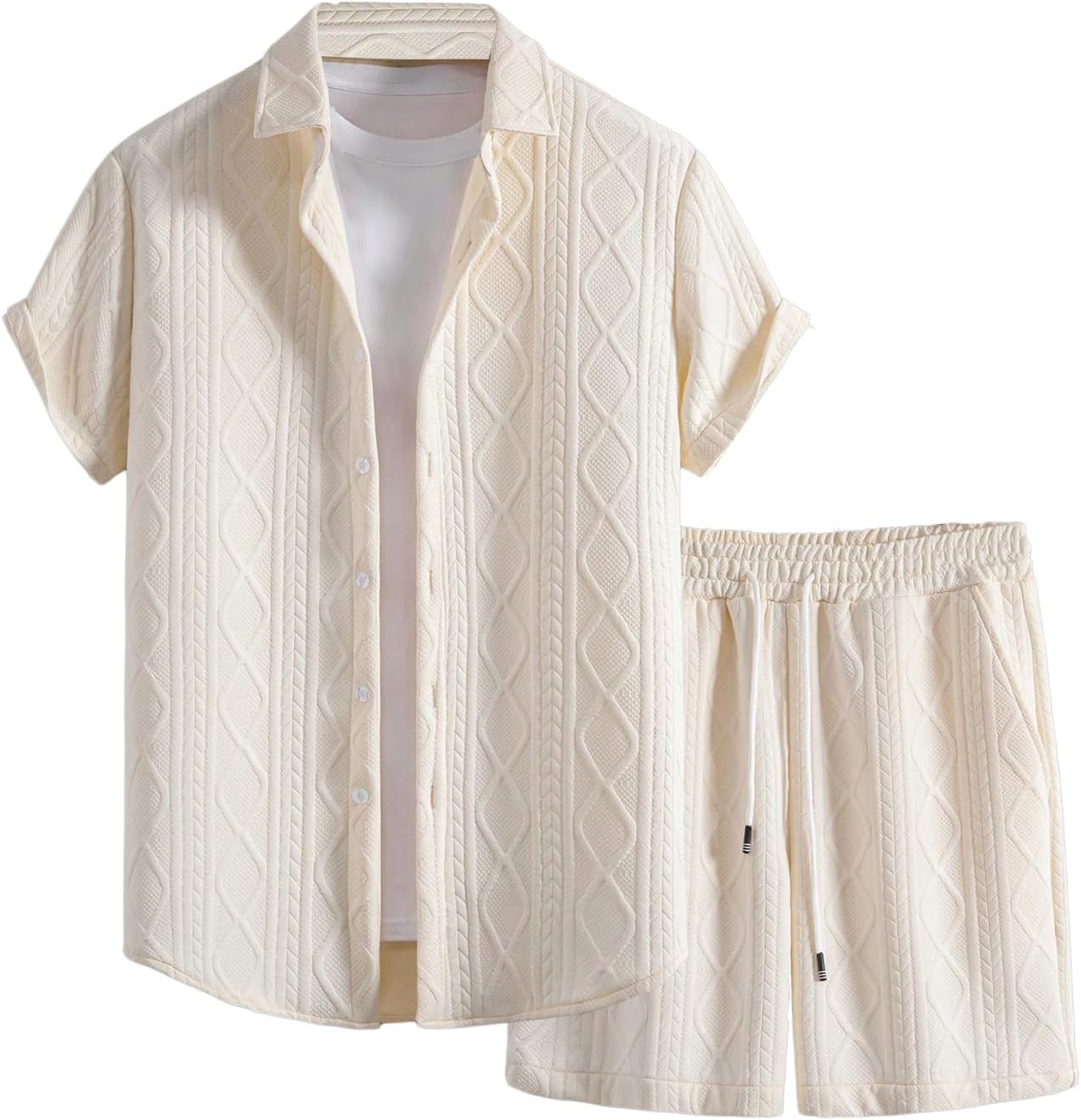 Men's 2 Piece Outfits Waffle Knit Button Down Shirt Top and Shorts Set