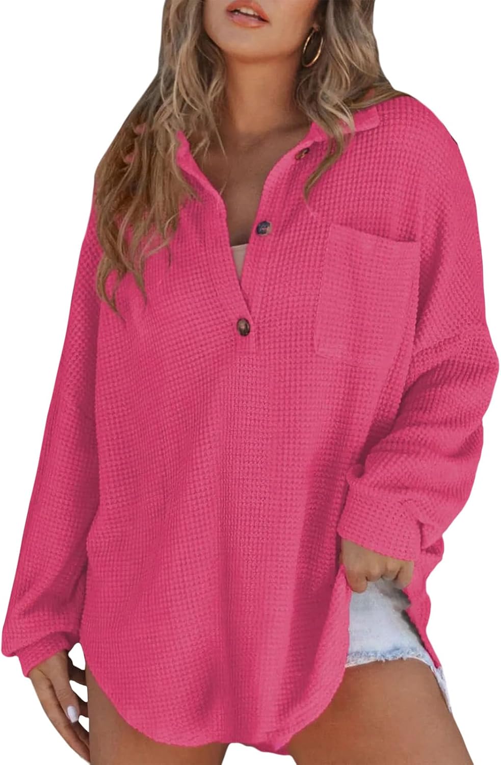 Women Casual Long Sleeve Button Down V Neck Solid Tunic Tops Summer Fall Blouses
