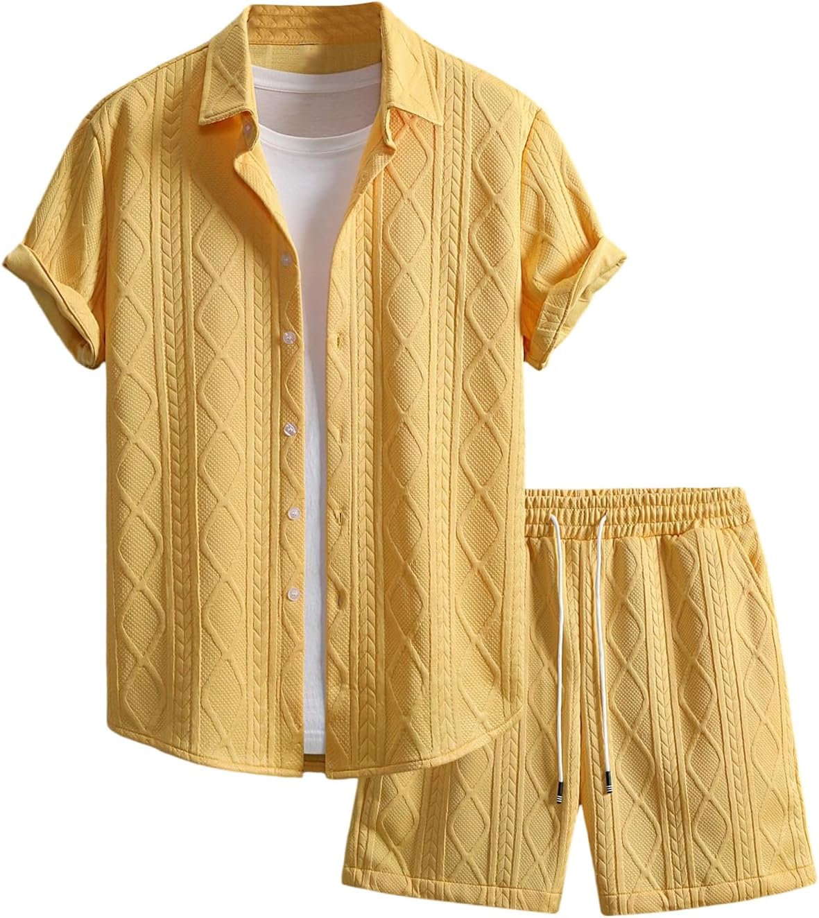 Men's 2 Piece Outfits Waffle Knit Button Down Shirt Top and Shorts Set