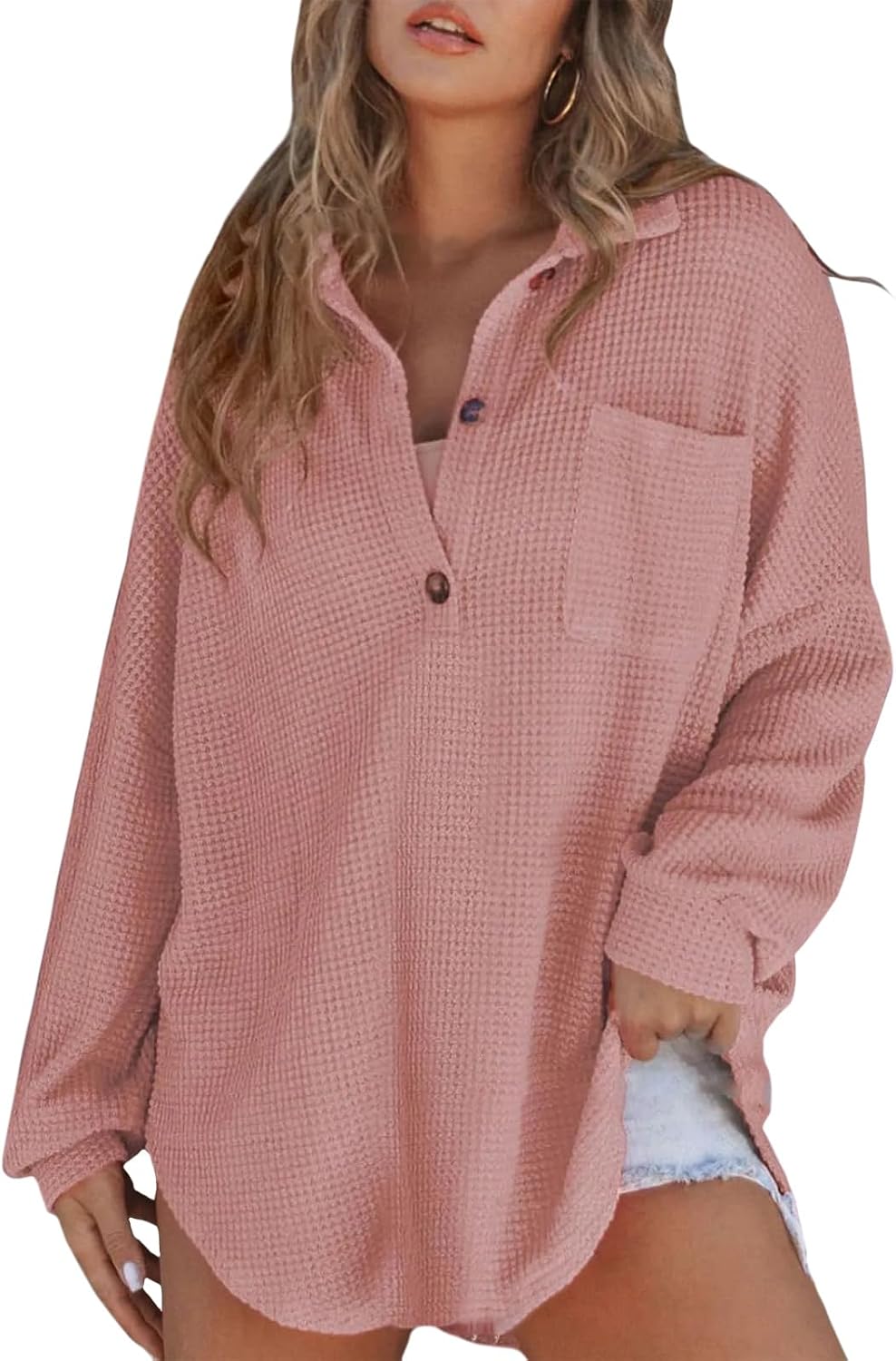 Women Casual Long Sleeve Button Down V Neck Solid Tunic Tops Summer Fall Blouses