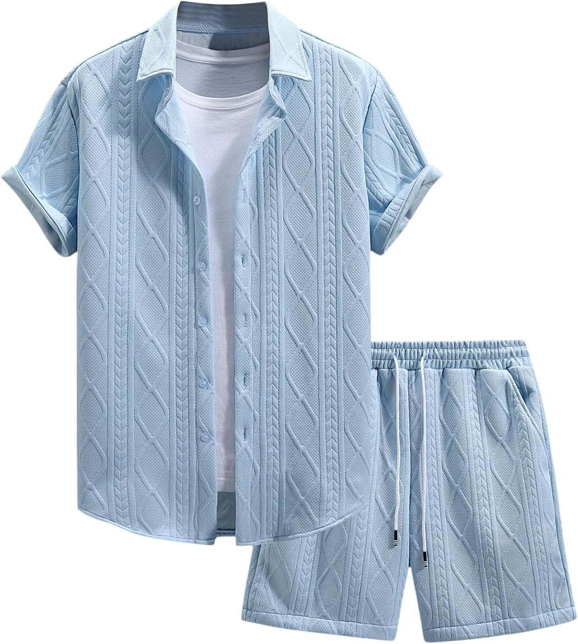 Men's 2 Piece Outfits Waffle Knit Button Down Shirt Top and Shorts Set
