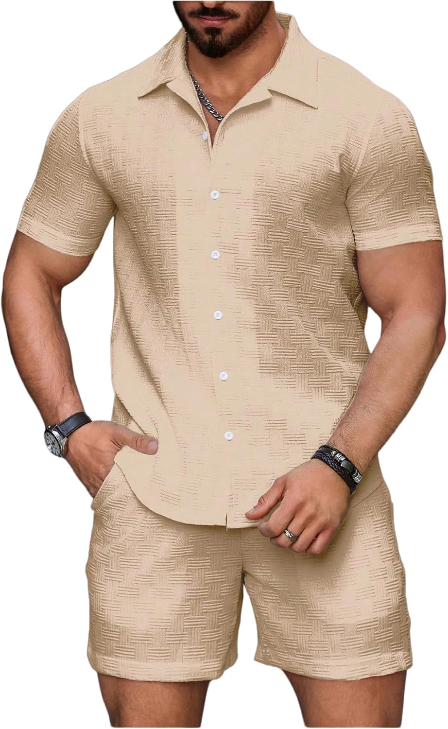 Men's 2 Piece Outfits Waffle Knit Button Down Shirt Top and Shorts Set
