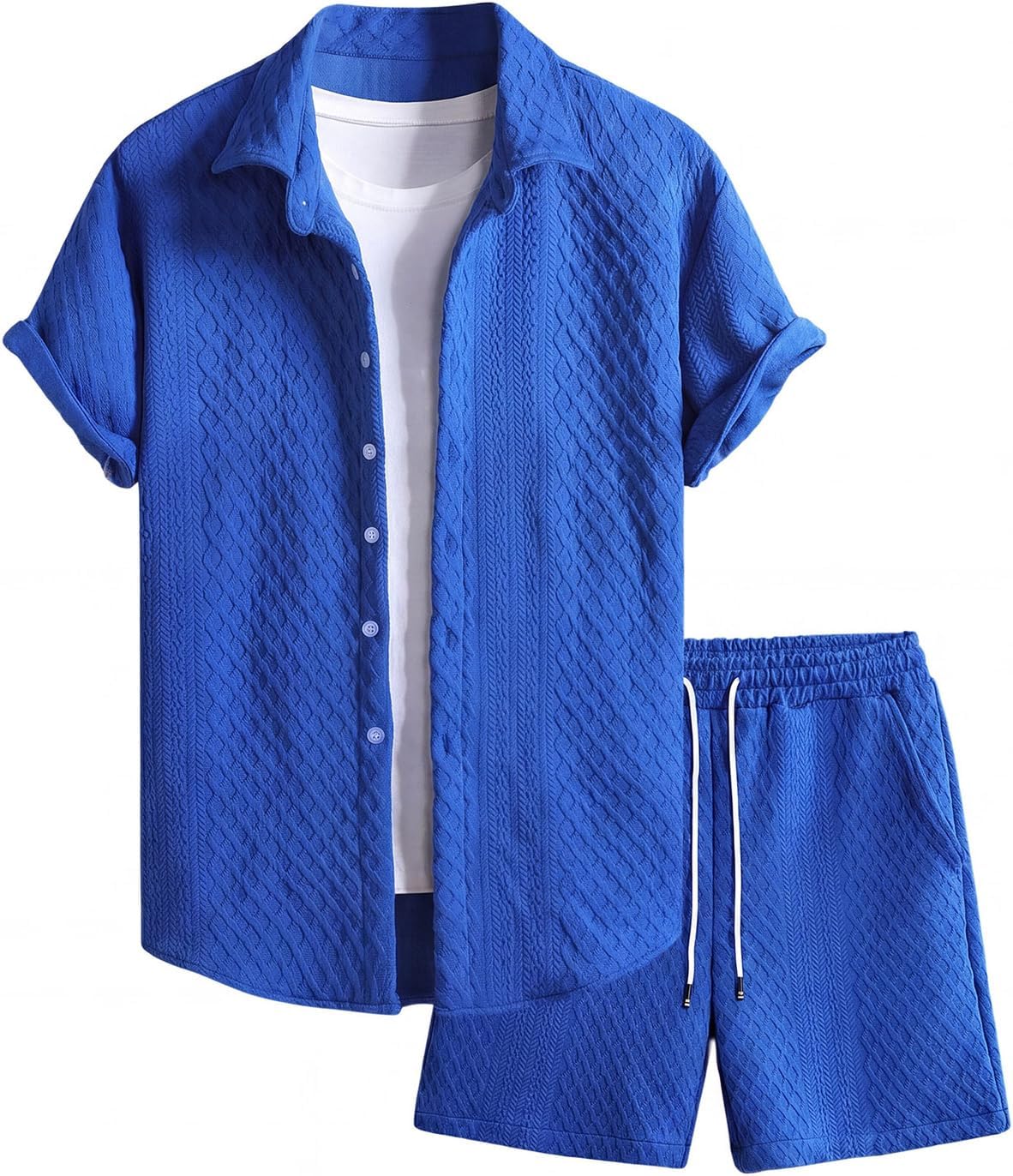 Men's 2 Piece Outfits Waffle Knit Button Down Shirt Top and Shorts Set