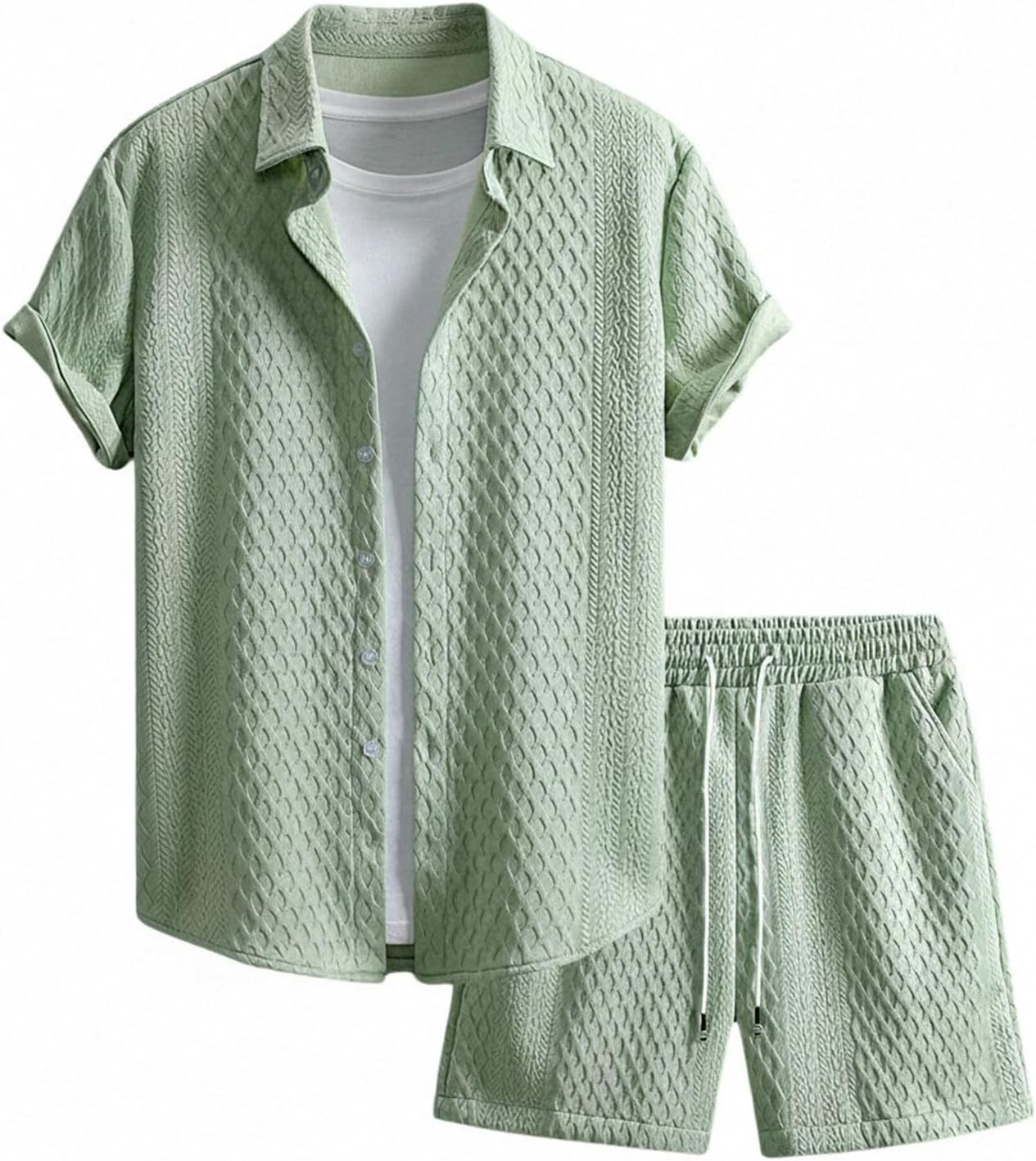 Men's 2 Piece Outfits Waffle Knit Button Down Shirt Top and Shorts Set
