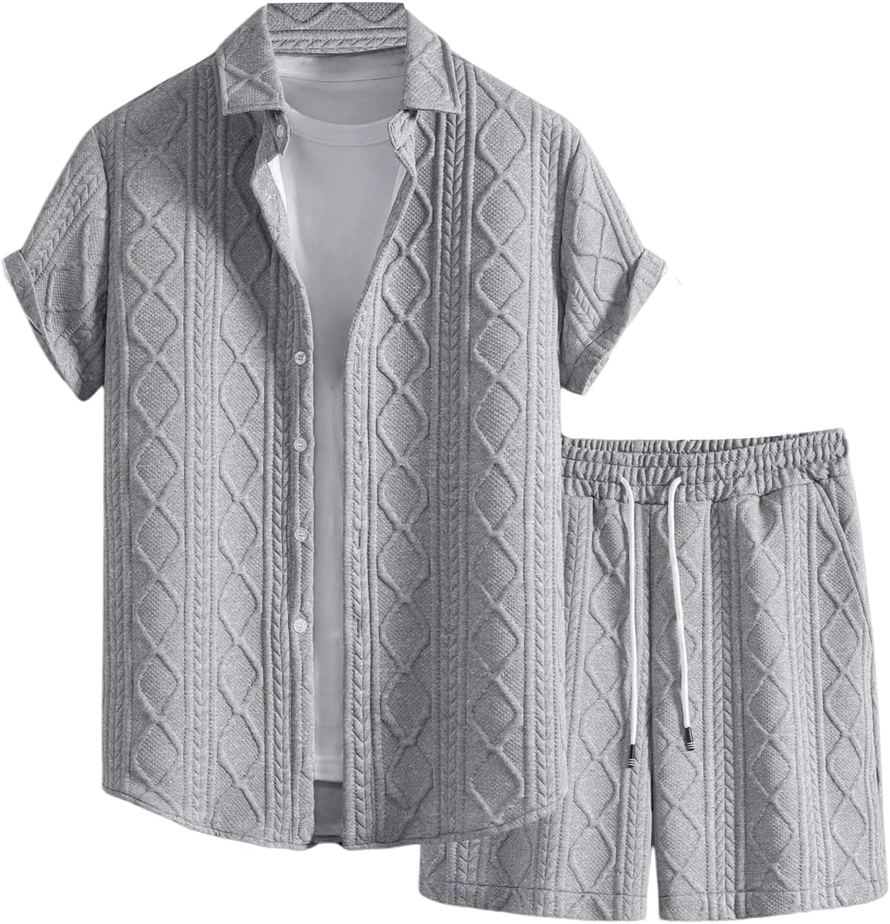Men's 2 Piece Outfits Waffle Knit Button Down Shirt Top and Shorts Set