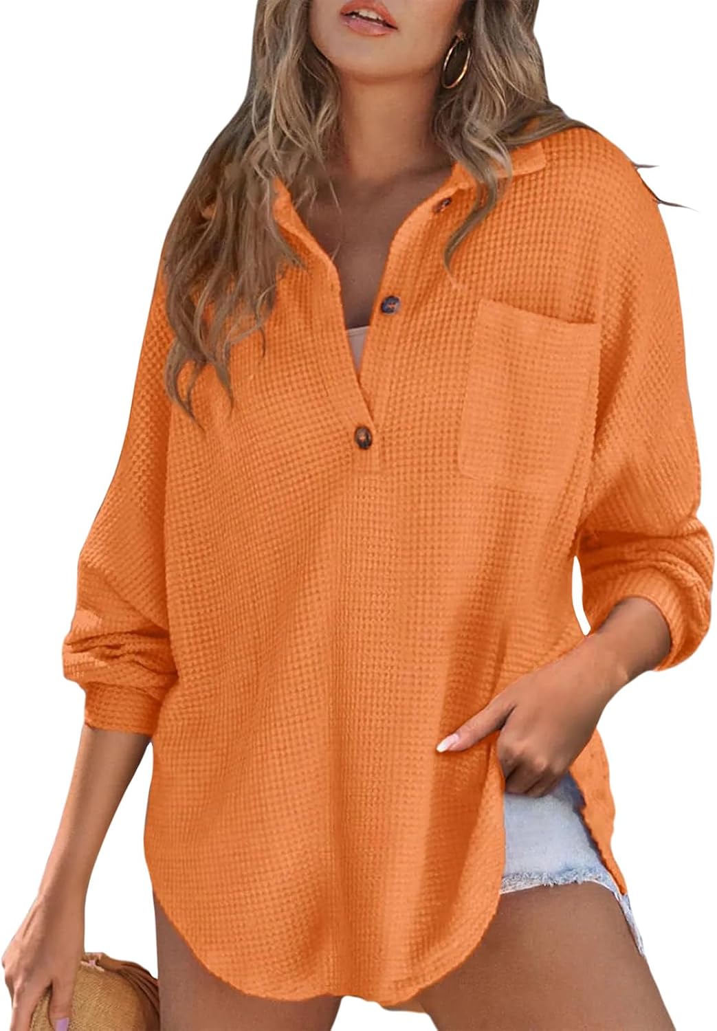 Women Casual Long Sleeve Button Down V Neck Solid Tunic Tops Summer Fall Blouses