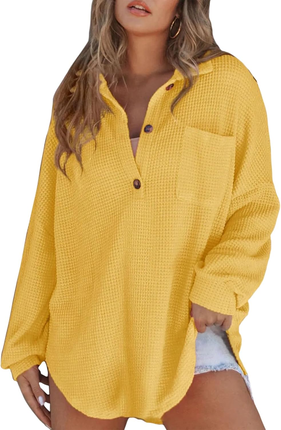 Women Casual Long Sleeve Button Down V Neck Solid Tunic Tops Summer Fall Blouses