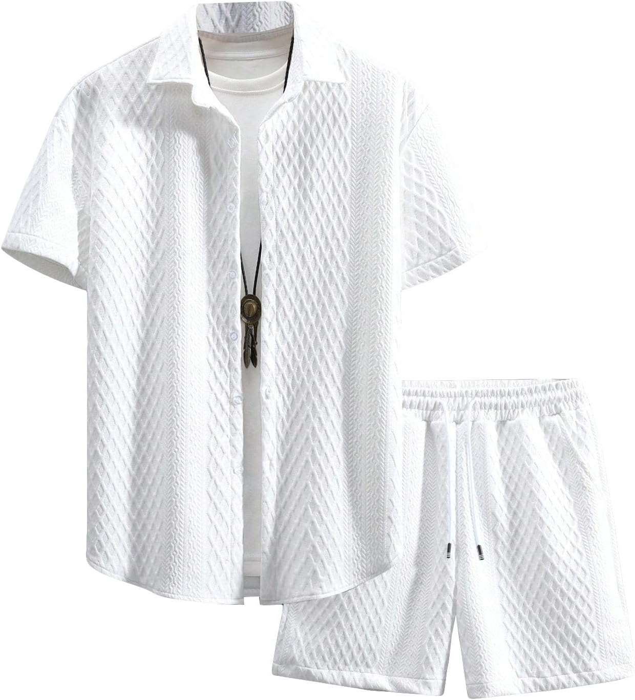 Men's 2 Piece Outfits Waffle Knit Button Down Shirt Top and Shorts Set