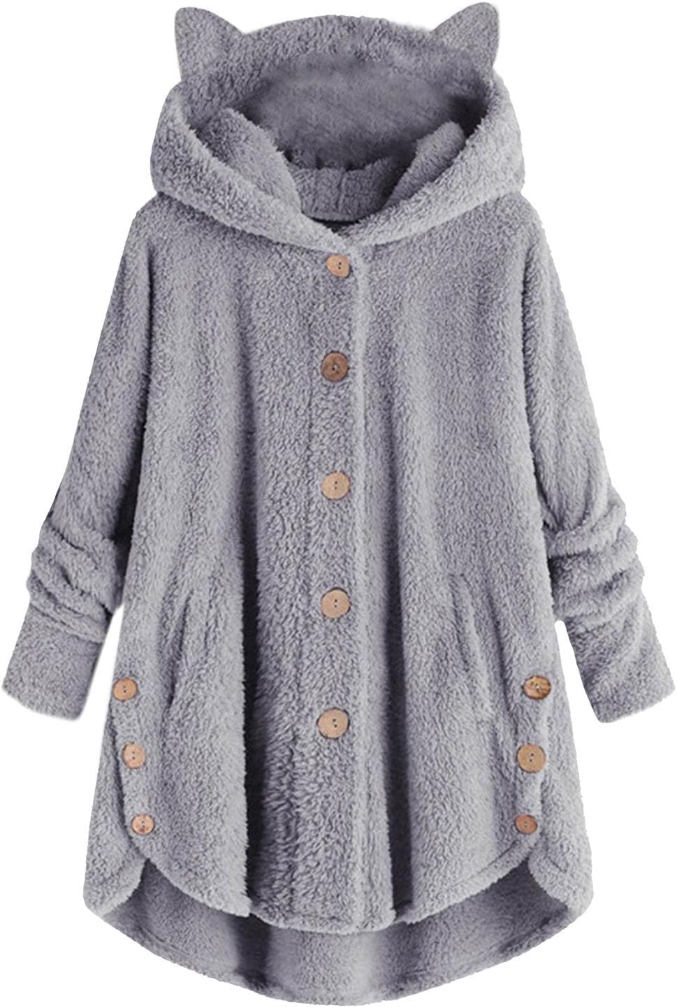 Womens Warm Fleece Jackets Fuzzy Hooded Casual Loose Coats Ladies Fall Winter Cardigan Sweaters Outerwear with Pockets