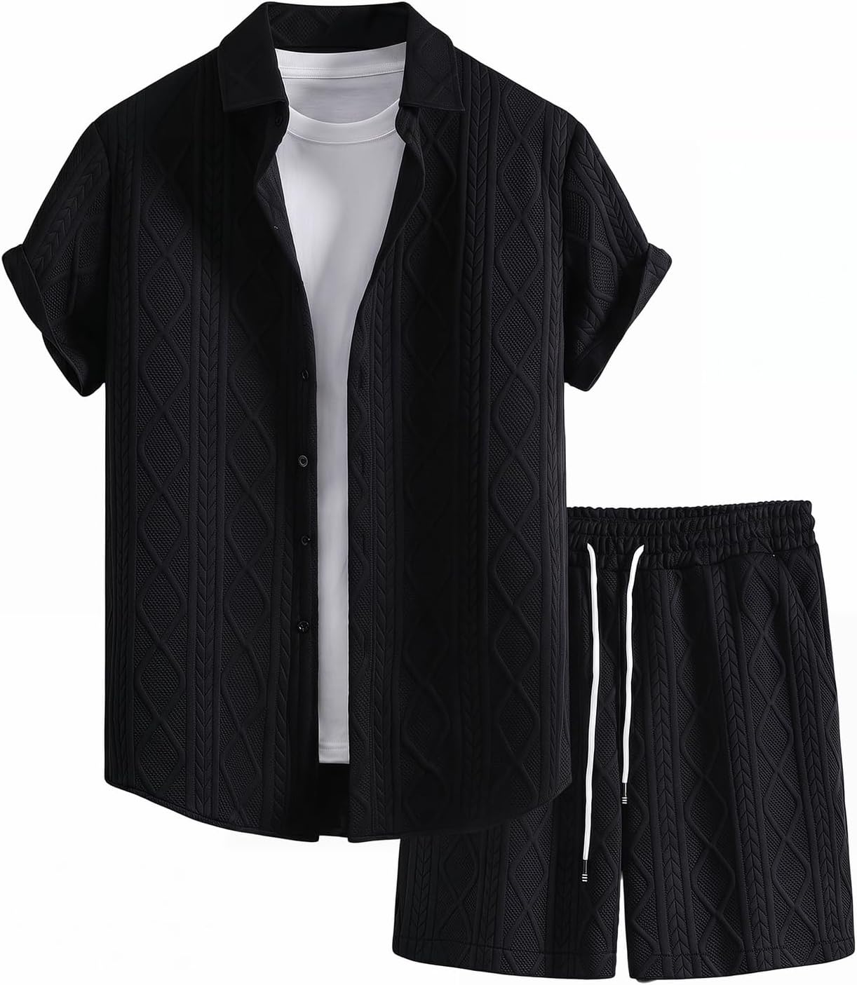 Men's 2 Piece Outfits Waffle Knit Button Down Shirt Top and Shorts Set