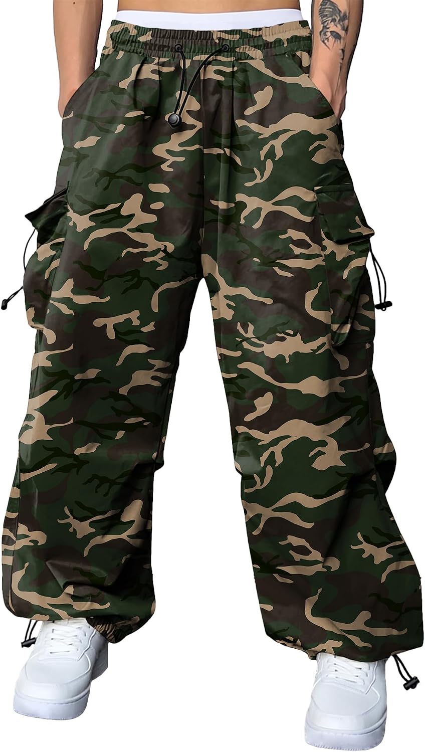 Men's Baggy Cargo Pants Trendy Casual Parachute Pant Loose Fit Harem Joggers with Pockets for Streetwear