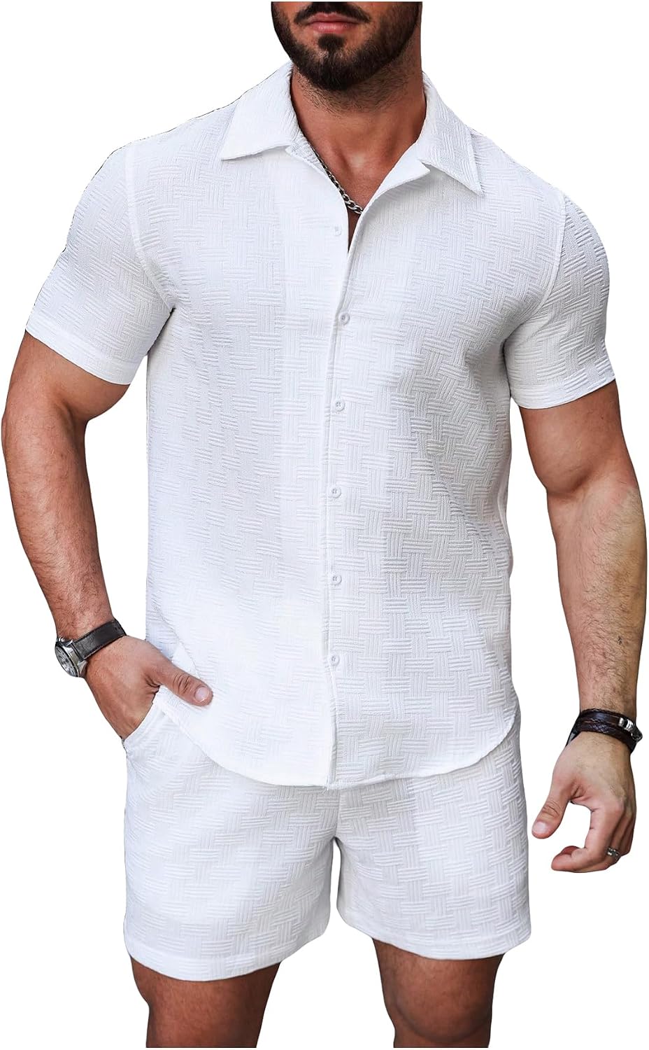 Men's 2 Piece Outfits Waffle Knit Button Down Shirt Top and Shorts Set
