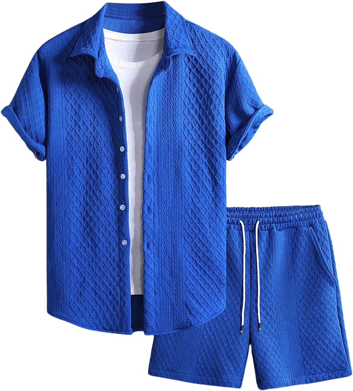 Men's 2 Piece Outfits Waffle Knit Button Down Shirt Top and Shorts Set