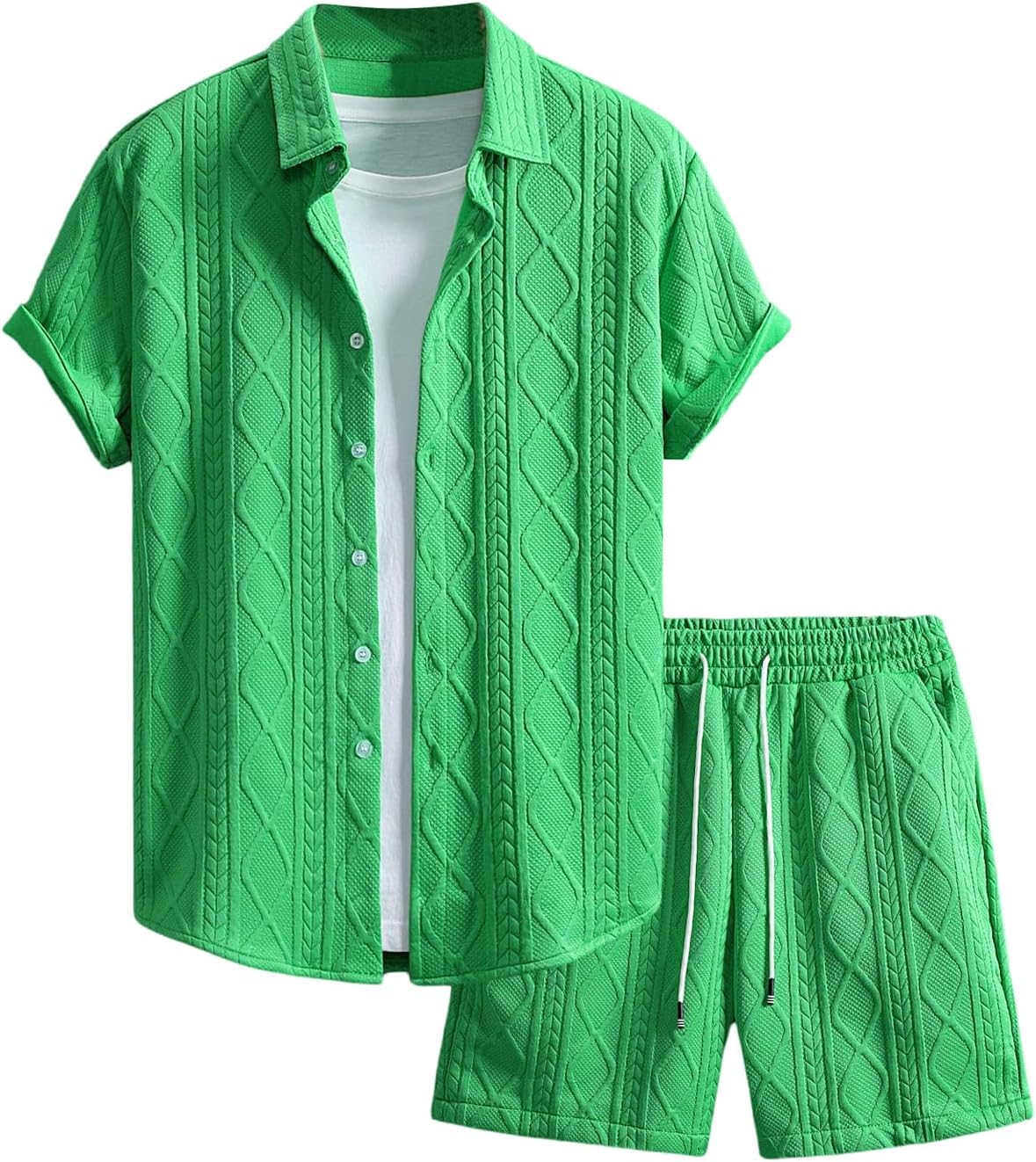 Men's 2 Piece Outfits Waffle Knit Button Down Shirt Top and Shorts Set