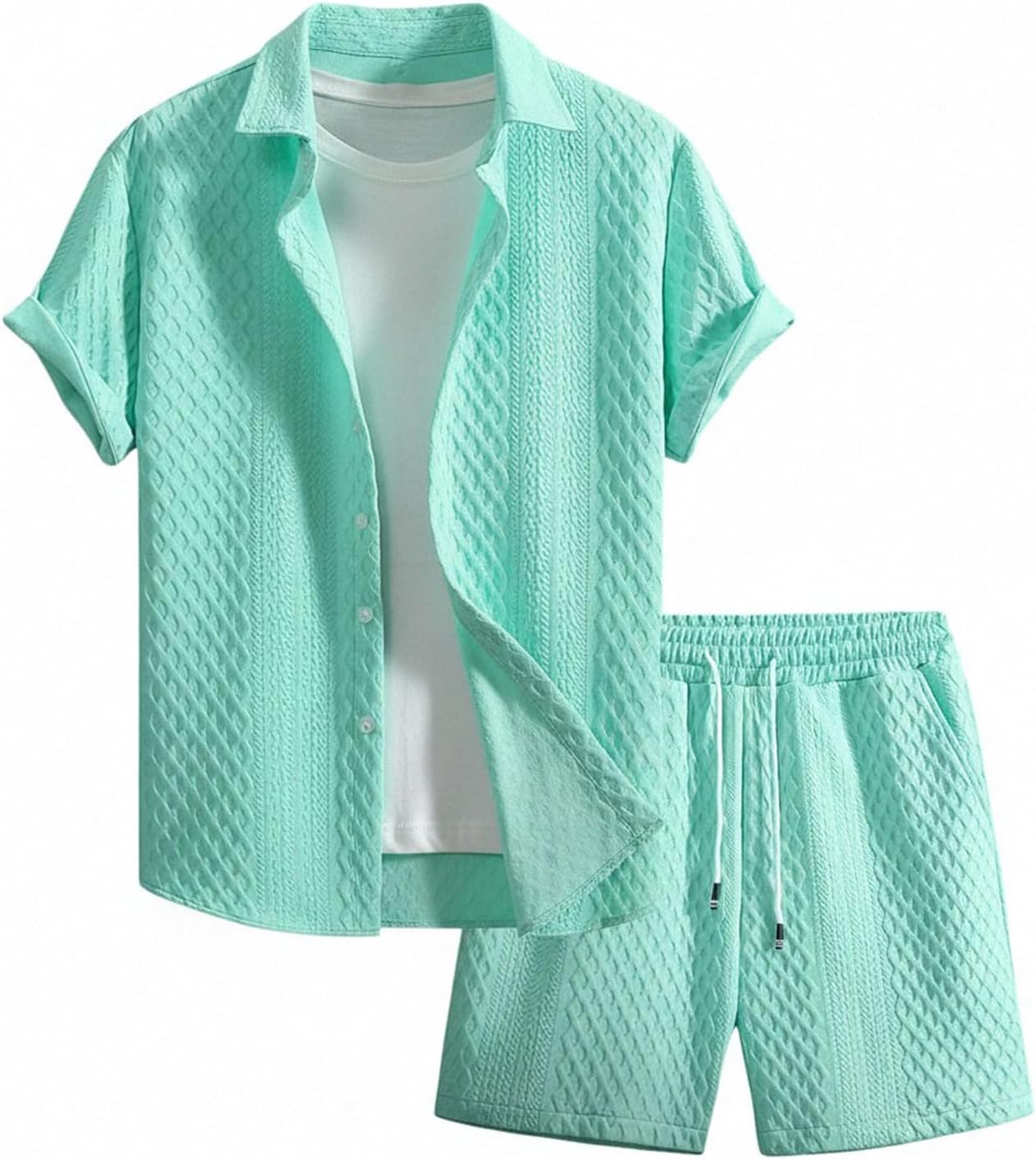 Men's 2 Piece Outfits Waffle Knit Button Down Shirt Top and Shorts Set