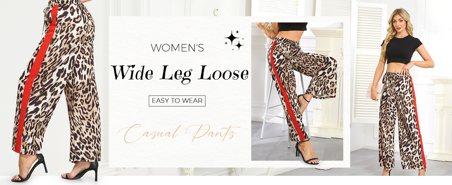 Women&amp;#39;s Casual Pants Drawstring Leopard Print Color Block Side Striped wide Leg Pants