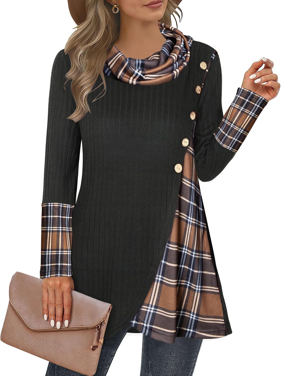 Women's Cowl Neck Pullover Sweaters Lightweight Long Sleeve Tunic Sweatshirts Asymmetric Hem Knit Sweater